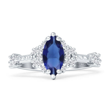 Marquise Halo Beaded Ring Blue Sapphire CZ 925 Sterling Silver Wholesale
